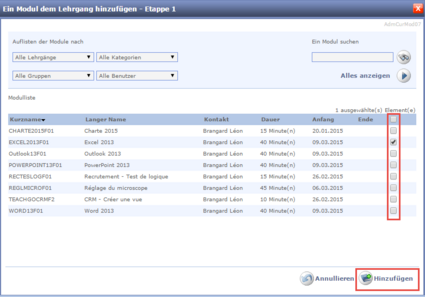 Ein Modul dem Lehrgang hinzufügen - Etappe 1