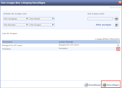 Eine Gruppe dem Lehrgang hinzufügen