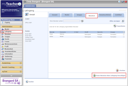 Liste der für den Lehrgang angemeldeten Benutzer
