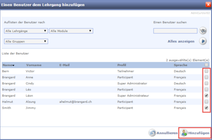 Einen Benutzer dem Lehrgang hinzufügen