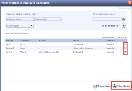 Verantwortlicher zum Kurs hinzufügen