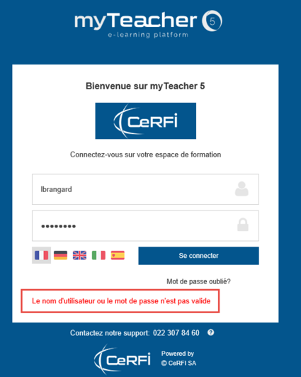 Erreur dans le nom de l'utilisateur ou dans le mot de passe