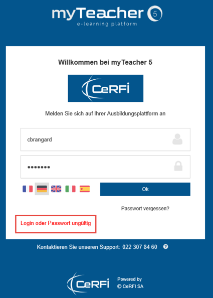 Fehler im Benutzernamen oder im Passwort