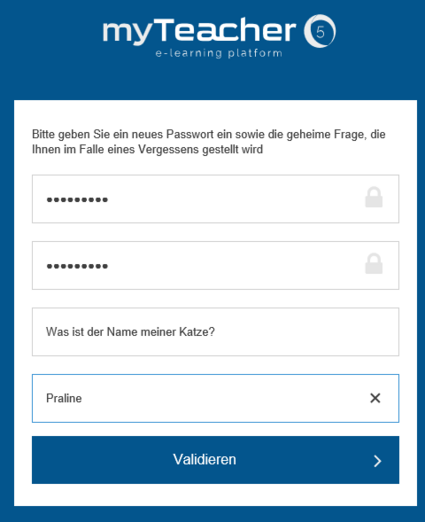 Änderung des Passworts und Eingabe einer geheimen Frage