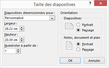 Boîte de dialogue Mise en page de PowerPoint.