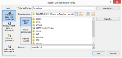 Boîte de dialogue Insérer un lien hypertexte avec création d'un lien intra-module