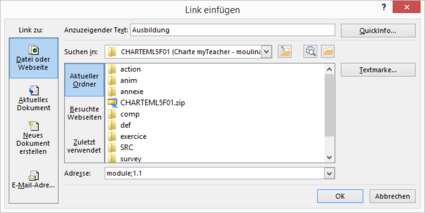 Dialogbox Hyperlink einfügen mit Erstellen eines Intra-Modul Link