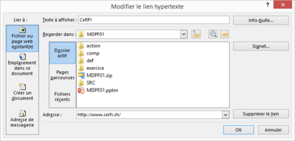Boîte de dialogue Insérer un lien hypertexte avec création d'un lien vers un site Web