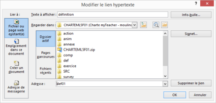 Boîte de dialogue Insérer un lien hypertexte avec création d'un lien vers une définition