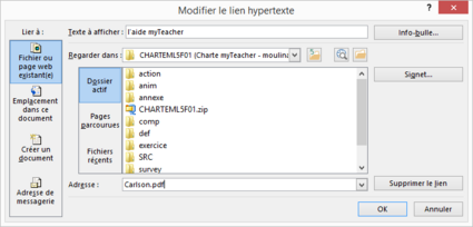 Boîte de dialogue Insérer un lien hypertexte avec création d'un lien sur une annexe