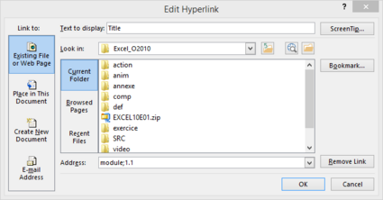 Dialogue box. To insert a link hypertext with creation of a link intra-module