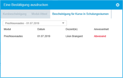 Bescheinigung für Kurse in Schulungsräumen