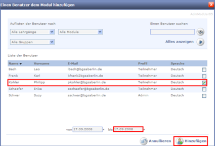 Einen Benutzer dem Modul hinzufügen