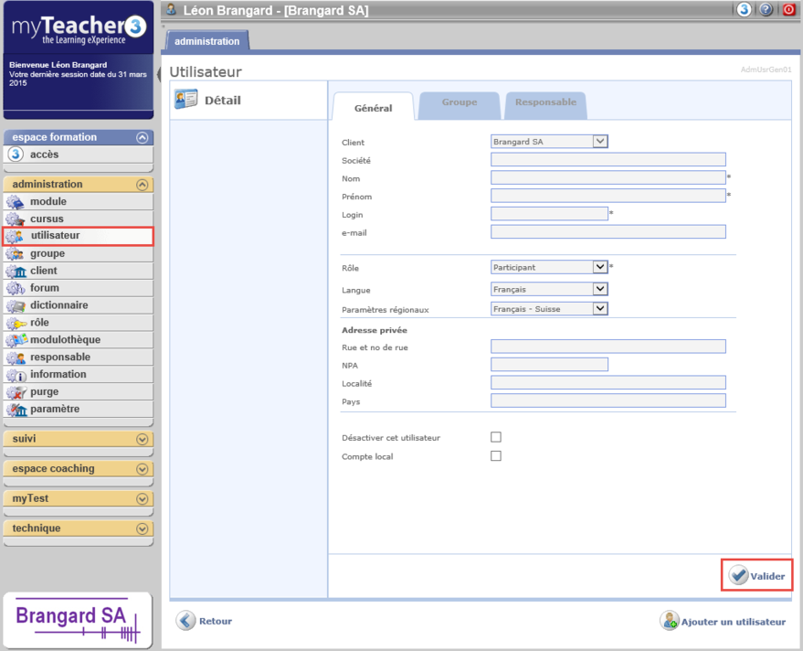 Détail de l'utilisateur