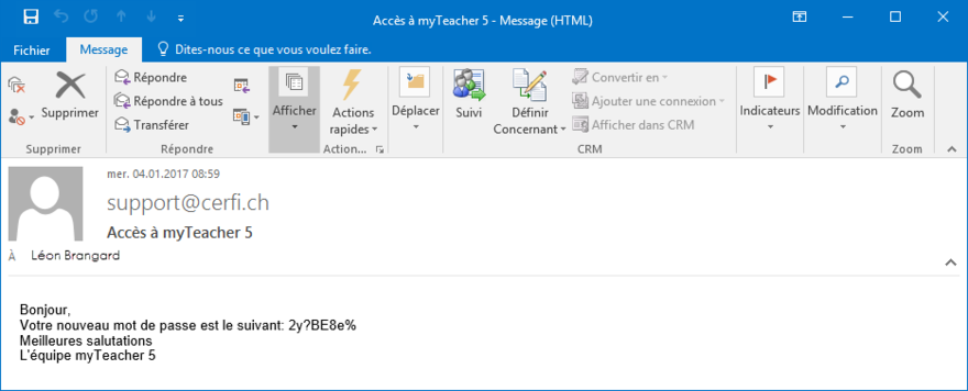 E-mail avec le nouveau mot de passe