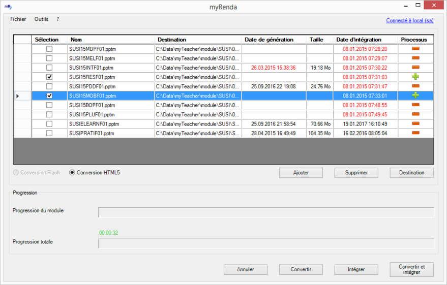 Liste des modules après connexion au serveur myTeacher