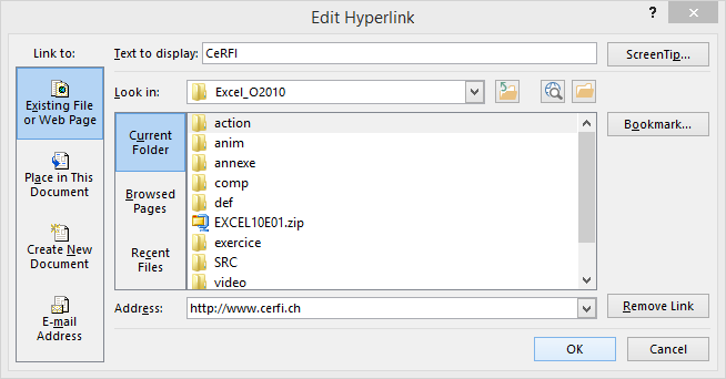 Dialogue box. To insert a link hypertext with creation of a link to a Web site.
