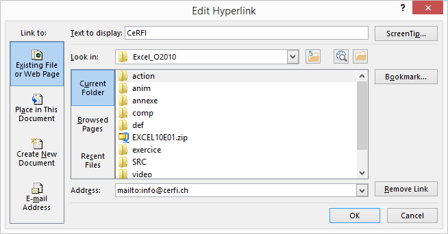 Dialogue box. To insert a link hypertext with creation of a link email.
