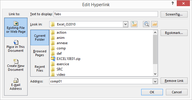 Dialogue box. Insert a hypertext link with creation of a link on a complement.