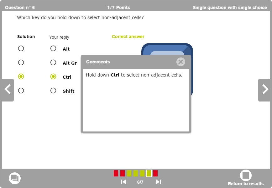 Preview of the same question with the correction and the display of the feedback