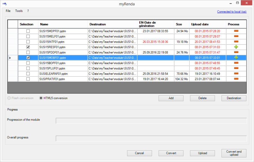 List of modules after connection to the server myTeacher