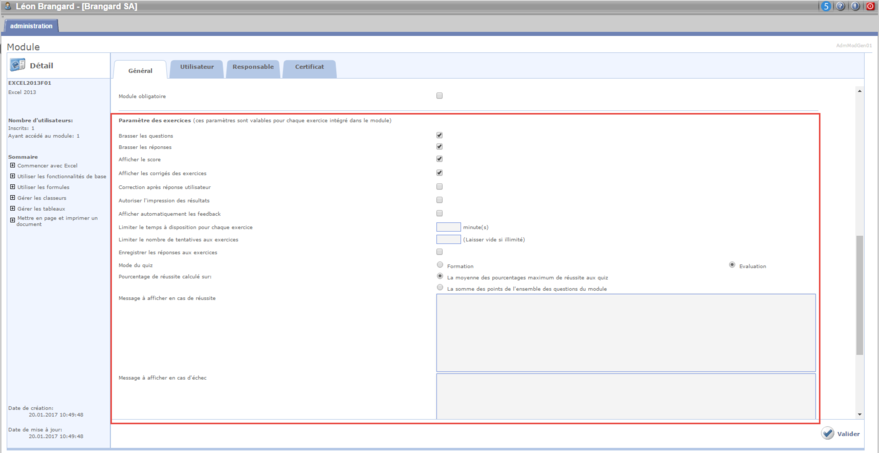 Paramètres des exercices