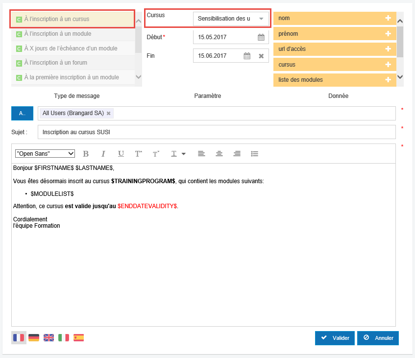 A l'inscription à un cursus