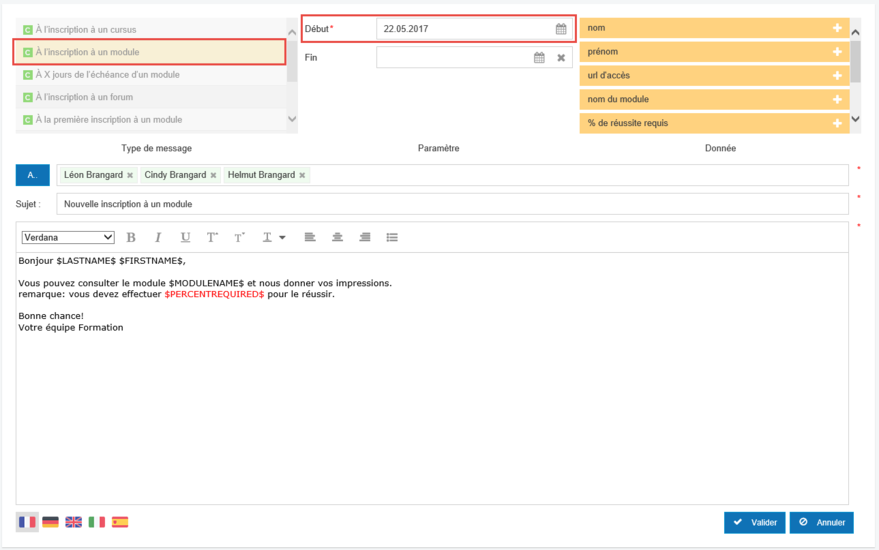 A l'inscription à un module