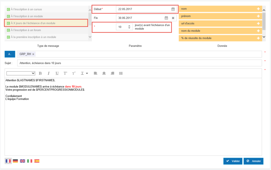 A X jours de l'échéance d'un module
