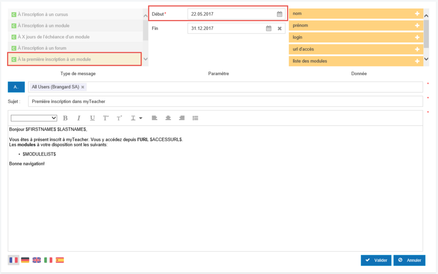 A la première inscription à un module