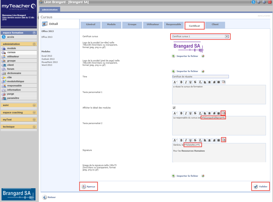 Personnaliser le certificat de réussite d'un cursus