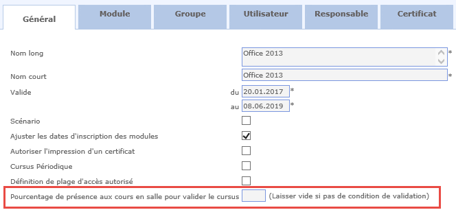 Pourcentage de présence aux cours en salle pour valider le cursus