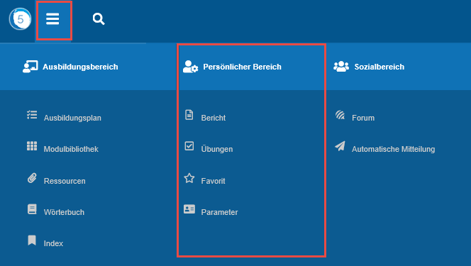 Dieser Bereich ist über das myTeacher's Burger-Menü zugänglich.