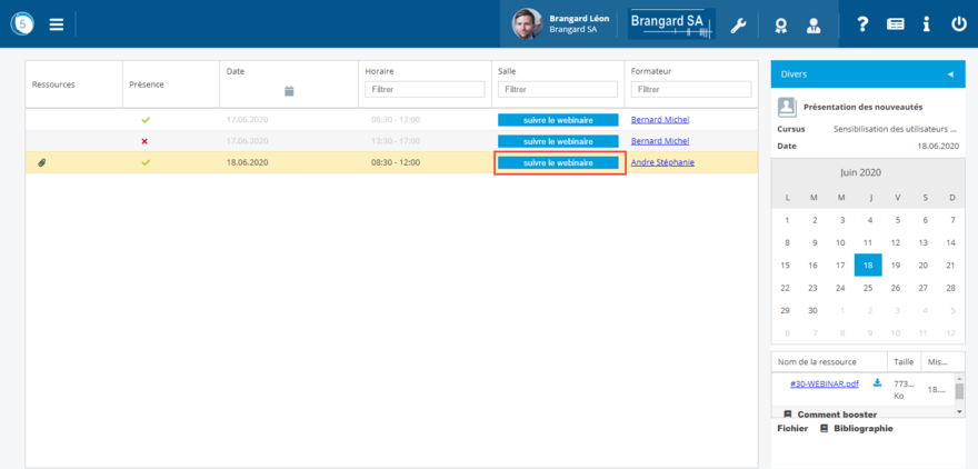 Informations du cours en salle avec webinaire