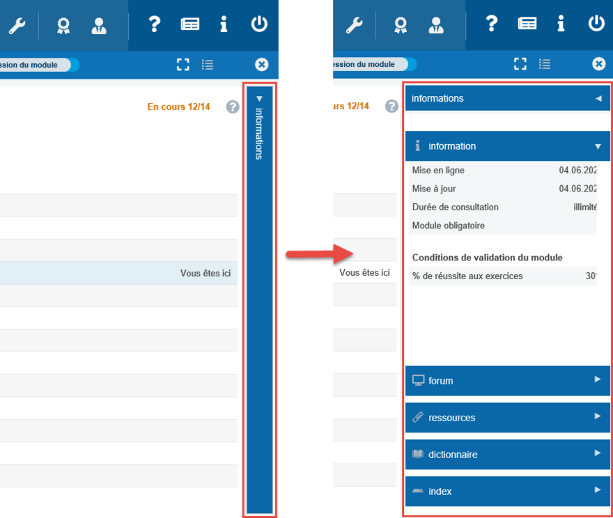 Panneau Informations fermé ou ouvert