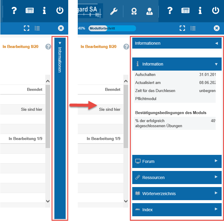 Informationsfeld geschlossen oder offen