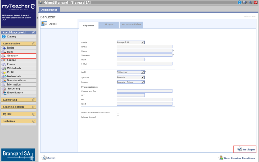 Detailbereich Benutzer