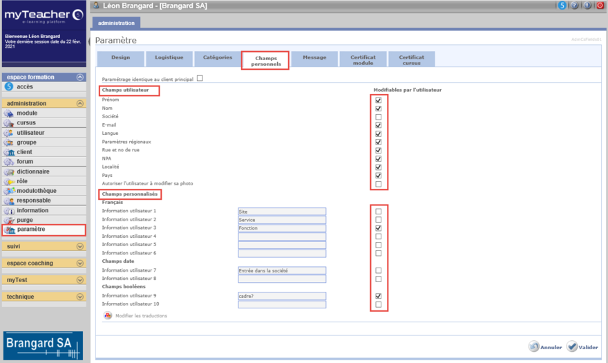 Onglet Champs personnels