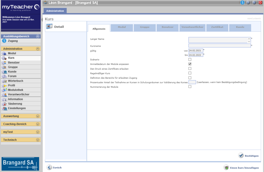Detailbereich Lehrgang