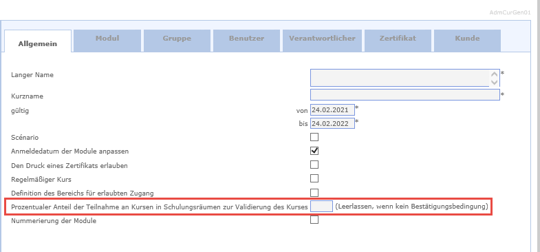 Prozentsatz der Teilnahme an Kursen im Klassenzimmer zur Validierung des Lehrgang