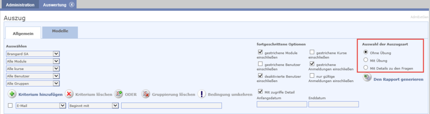 Auswahl der Auszugsart