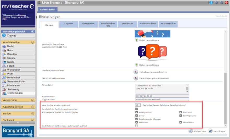 Es ist es möglich, hier bestimmte Elemente im Zusammenhang mit der Anzeige des Ausbildungsplans zu definieren.