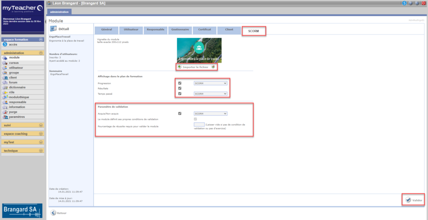 paramètres de module SCORM